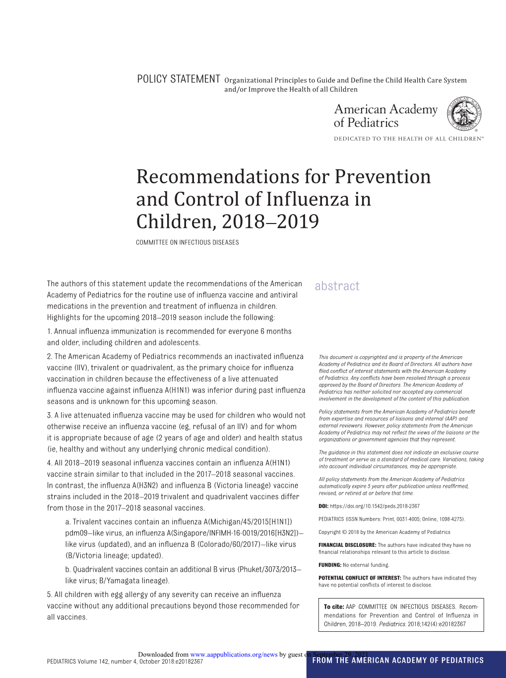 Recommendations for Prevention and Control of Influenza in Children, 2017–2018