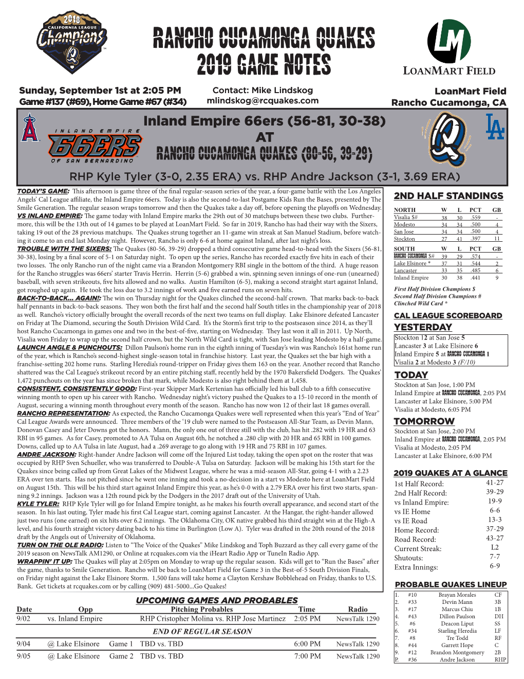 Rancho Cucamonga Quakes 2019 Game Notes