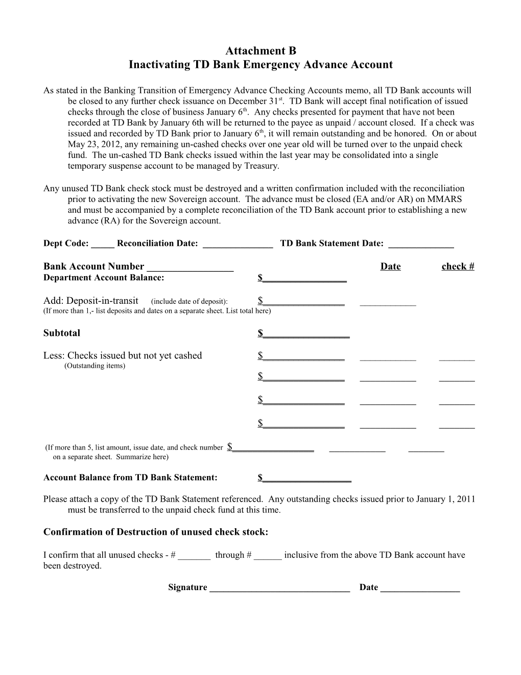 Inactivating TD Bank Emergency Advance Account