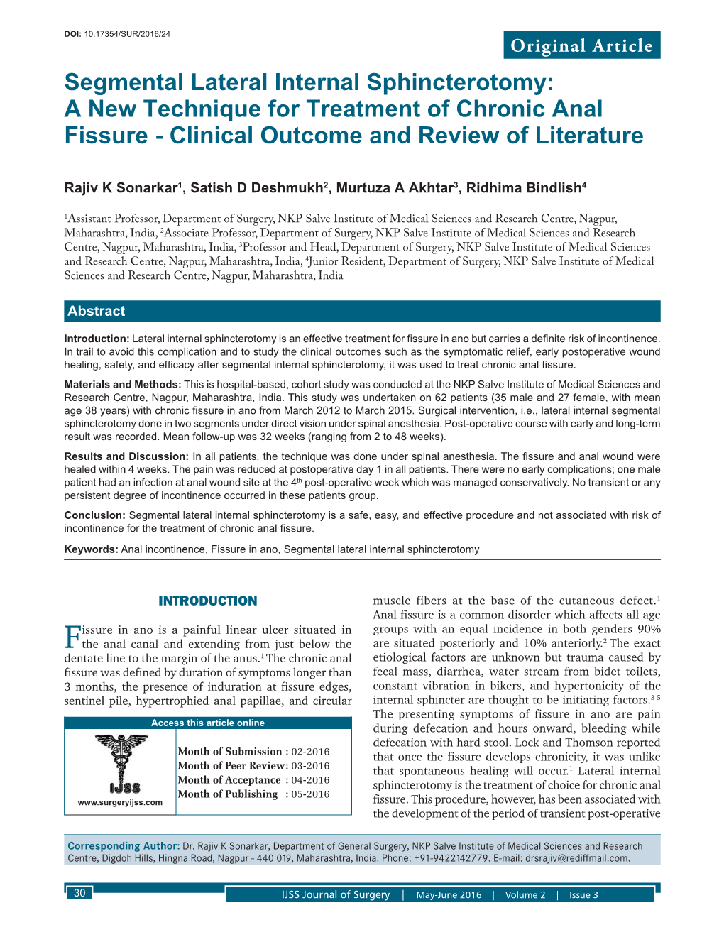 Segmental Lateral Internal Sphincterotomy: a New Technique for Treatment of Chronic Anal Fissure - Clinical Outcome and Review of Literature