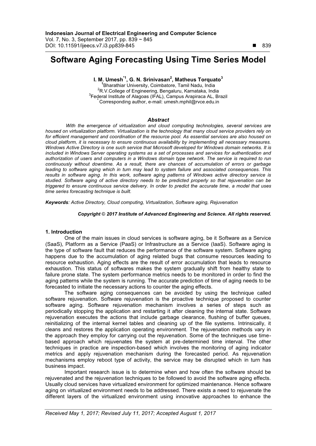 Software Aging Forecasting Using Time Series Model