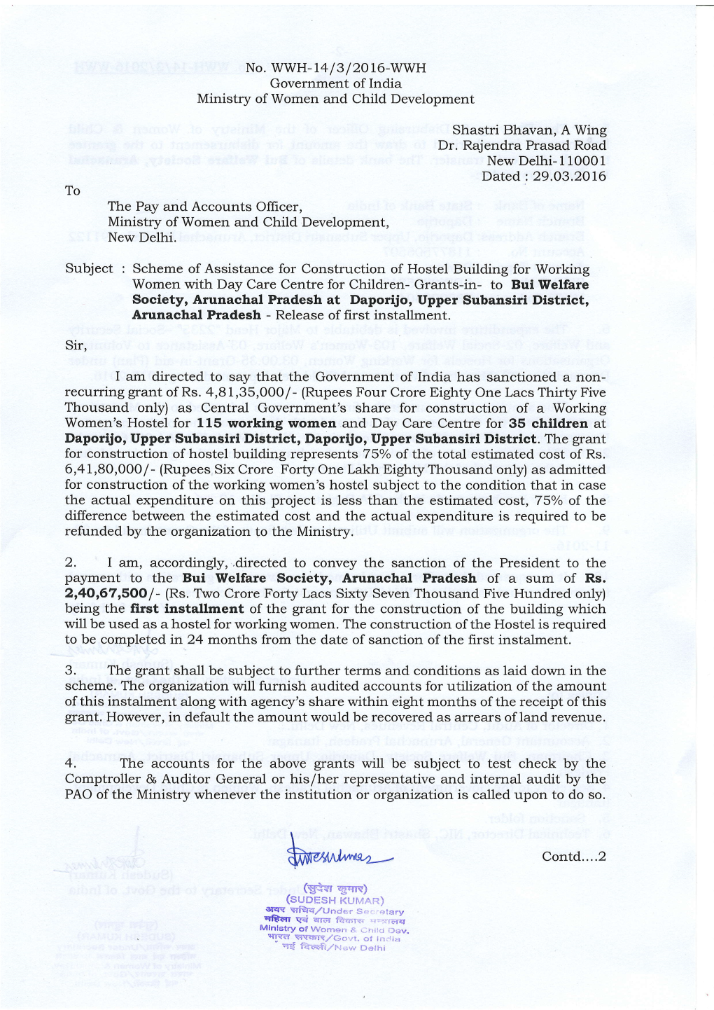 Payment to the Bui Welfare Sociity, Arunachal Pradesh of a Sum of Rs