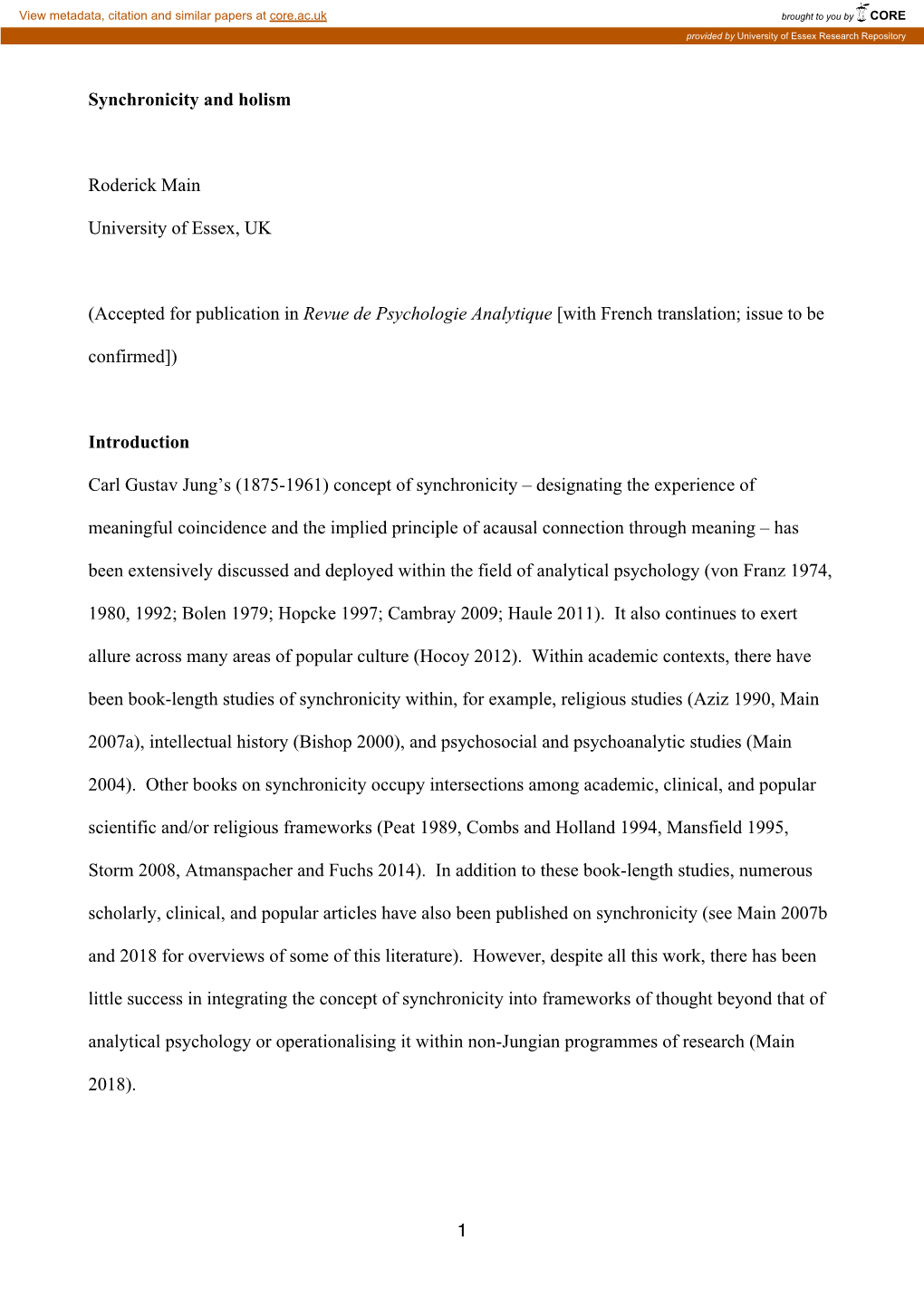 1 Synchronicity and Holism Roderick Main University of Essex, UK