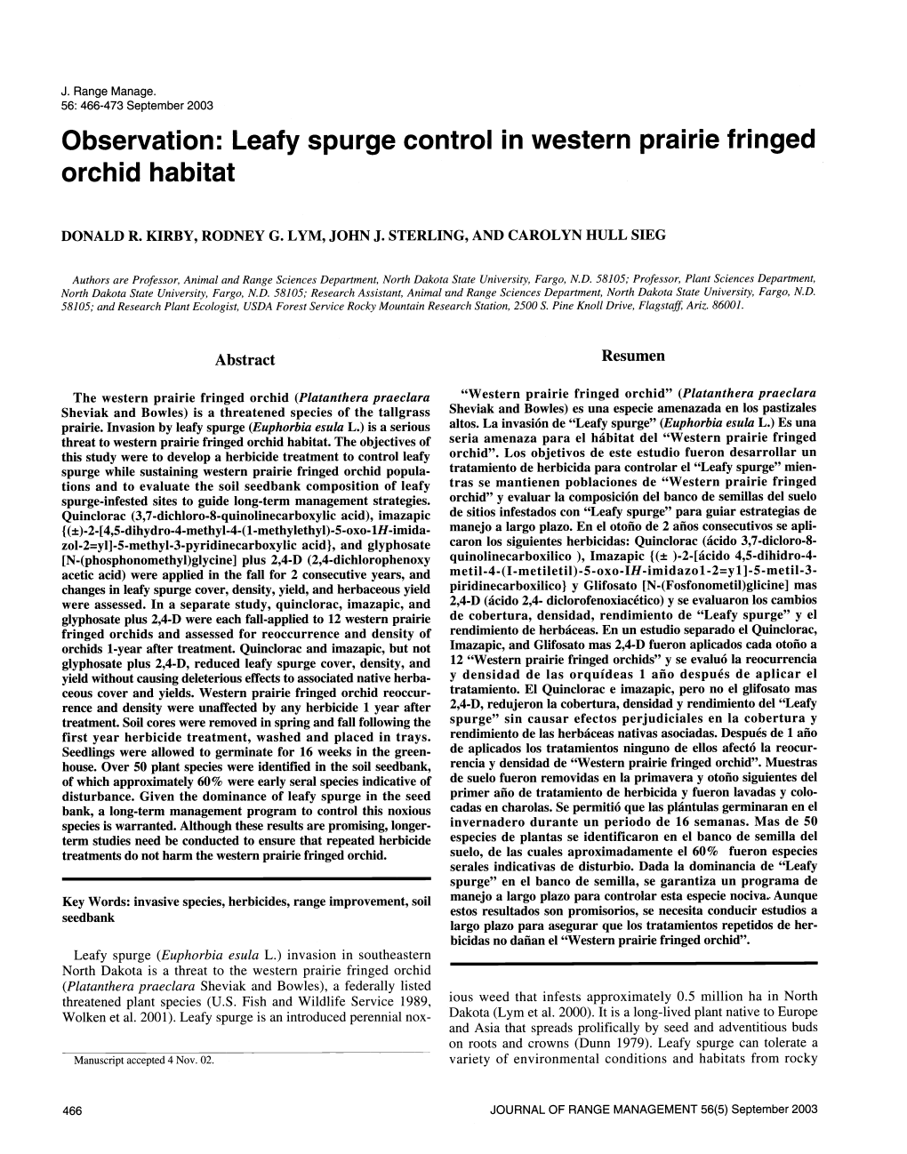 Observation: Leafy Spurge Control in Western Prairie Fringed Orchid Habitat