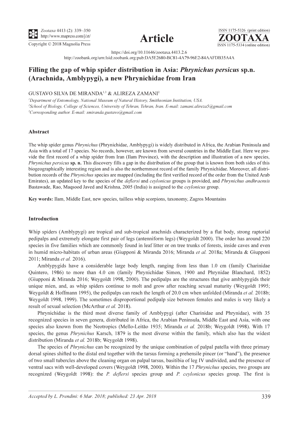 Phrynichus Persicus Sp.N. (Arachnida, Amblypygi), a New Phrynichidae from Iran