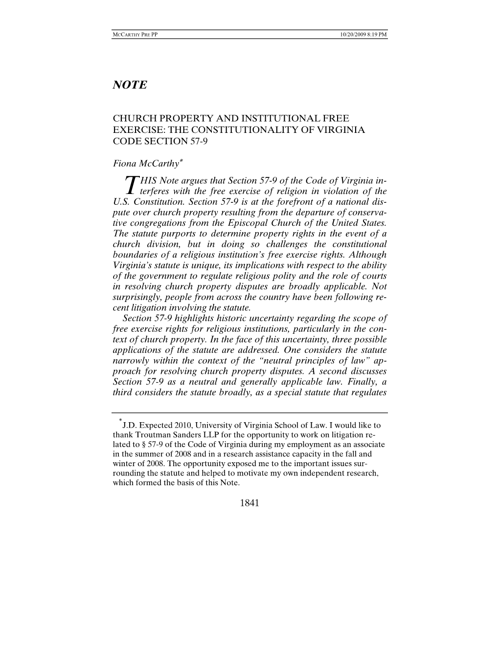 Church Property and Institutional Free Exercise: the Constitutionality of Virginia Code Section 57-9