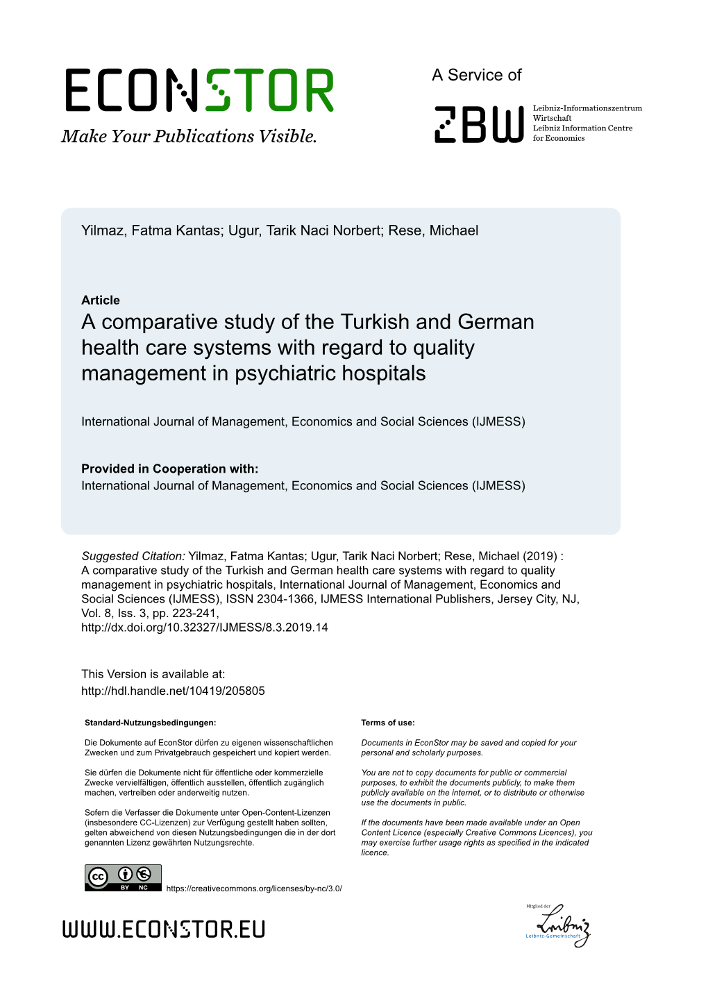 A Comparative Study of the Turkish and German Health Care Systems with Regard to Quality Management in Psychiatric Hospitals