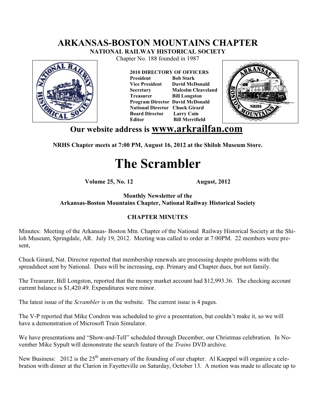 ARKANSAS-BOSTON MOUNTAINS CHAPTER NATIONAL RAILWAY HISTORICAL SOCIETY Chapter No