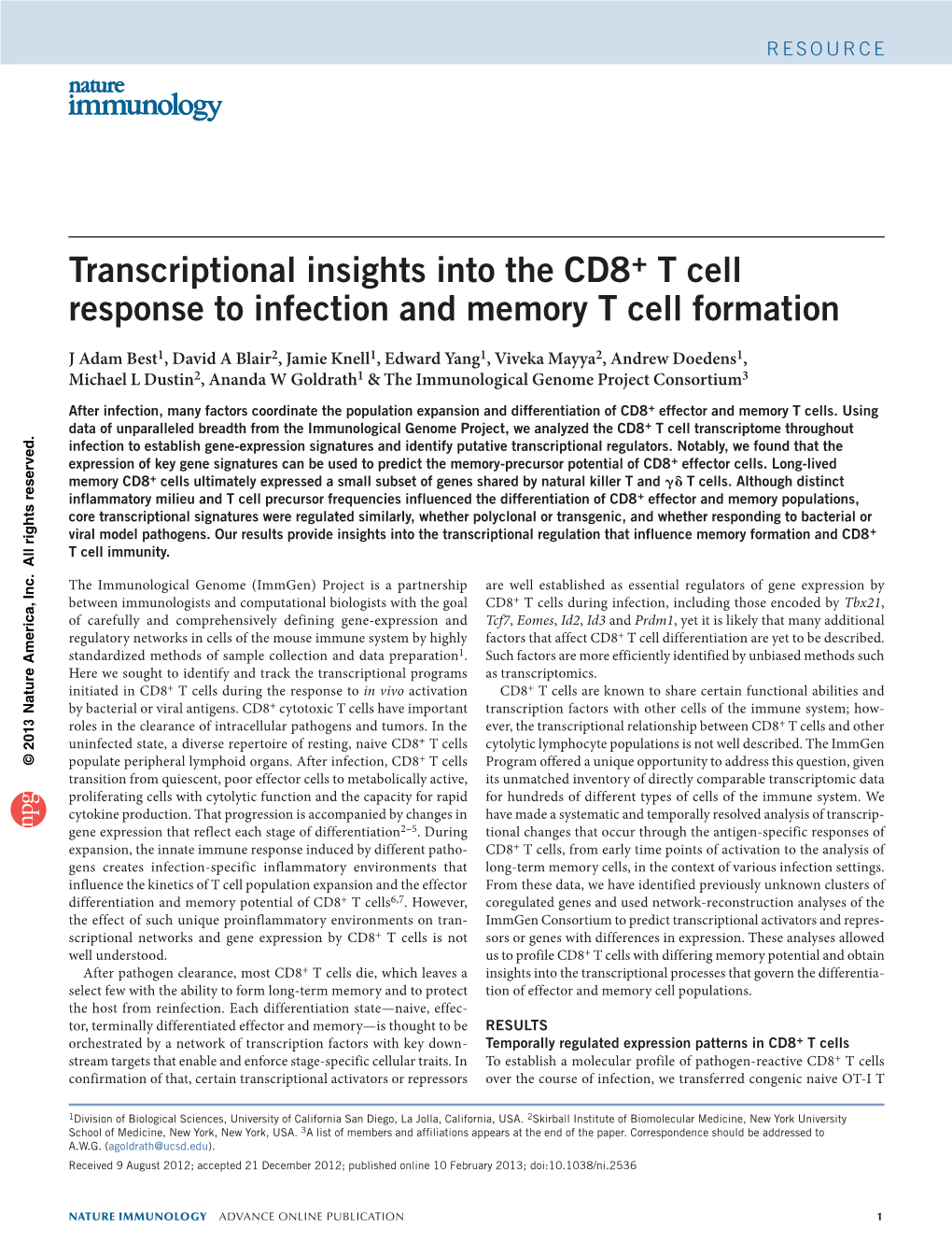 Transcriptional Insights Into the CD8+ T Cell Response to Infection And