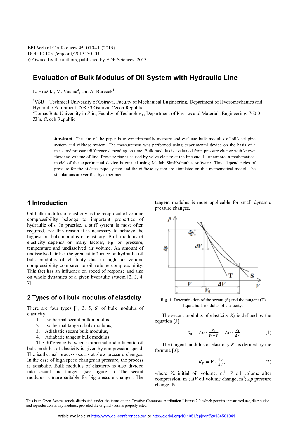 Evaluation of Bulk Modulus of Oil System with Hydraulic Line