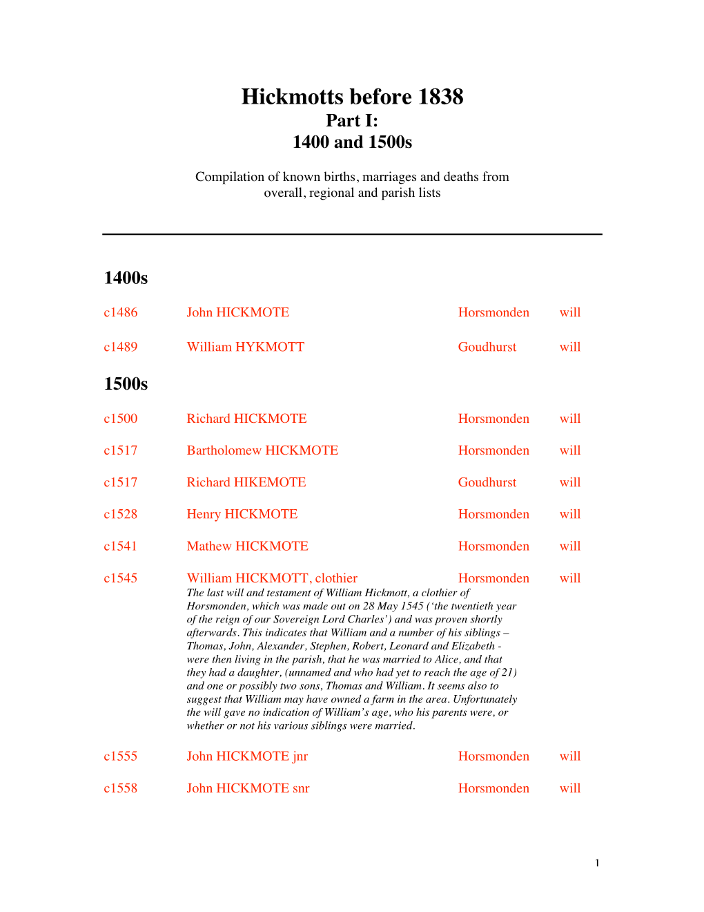 Hickmotts Before 1838 Part I: 1400 and 1500S