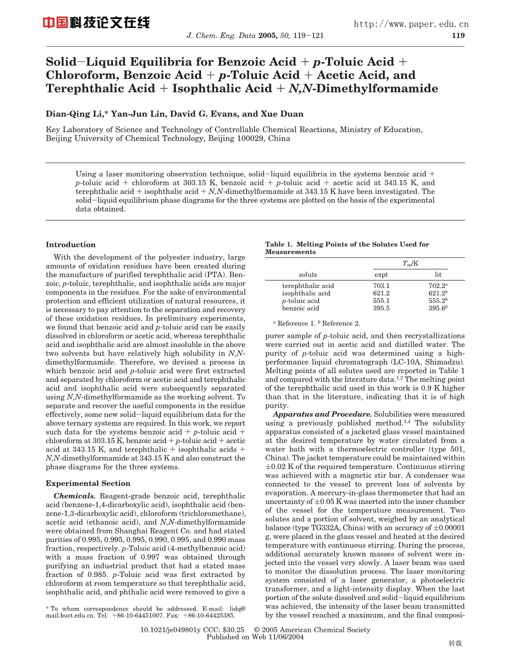 Solid-Liquid Equilibria for Benzoic Acid + P-Toluic Acid + Chloroform