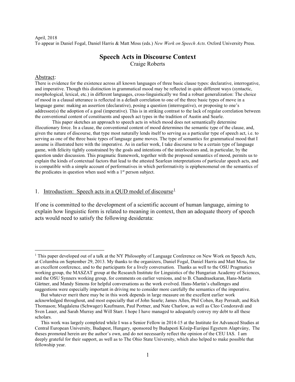 Speech Acts in Discourse Context Craige Roberts