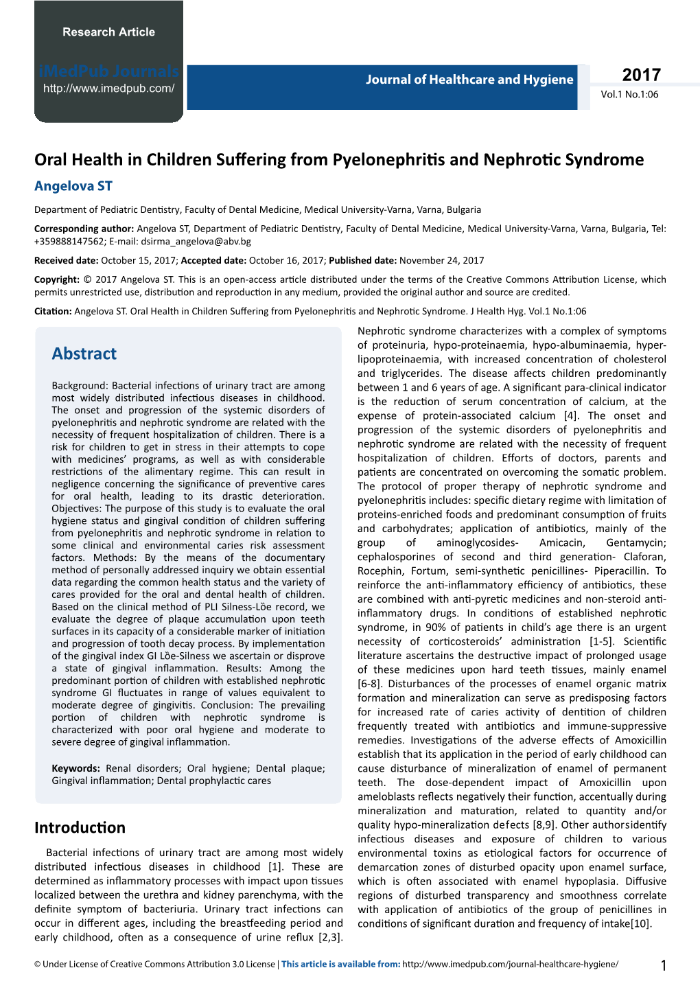Oral Health in Children Suffering from Pyelonephritis and Nephrotic Syndrome Angelova ST
