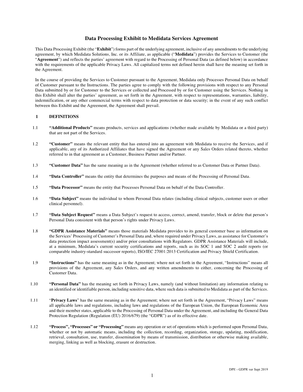 Data Processing Exhibit to Medidata Services Agreement