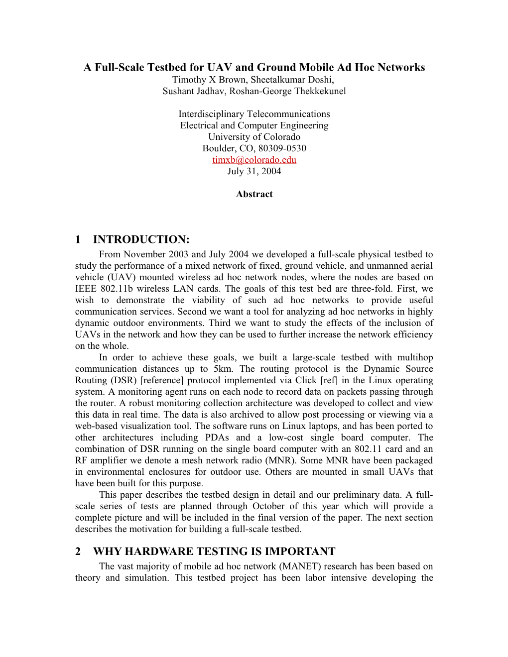 Paper 1: a Network Test Bed for Highly Mobile Aerial Nodes