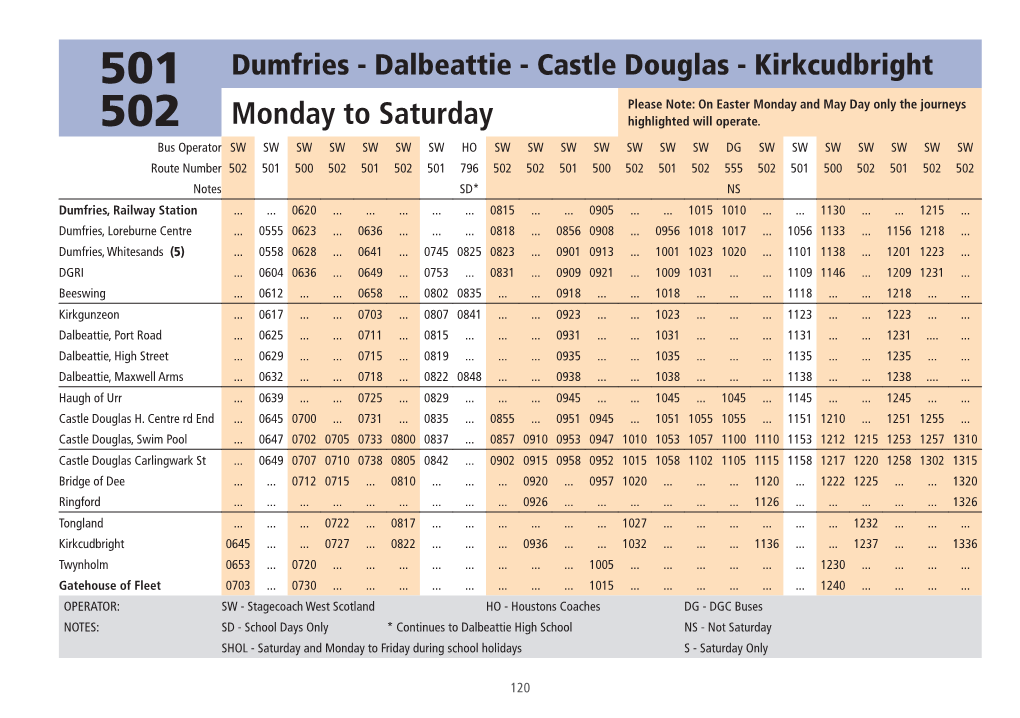 Dumfries - Dalbeattie - Castle Douglas - Kirkcudbright Please Note: on Easter Monday and May Day Only the Journeys 502 Monday to Saturday Highlighted Will Operate