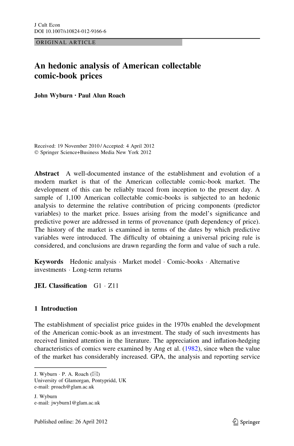 An Hedonic Analysis of American Collectable Comic-Book Prices