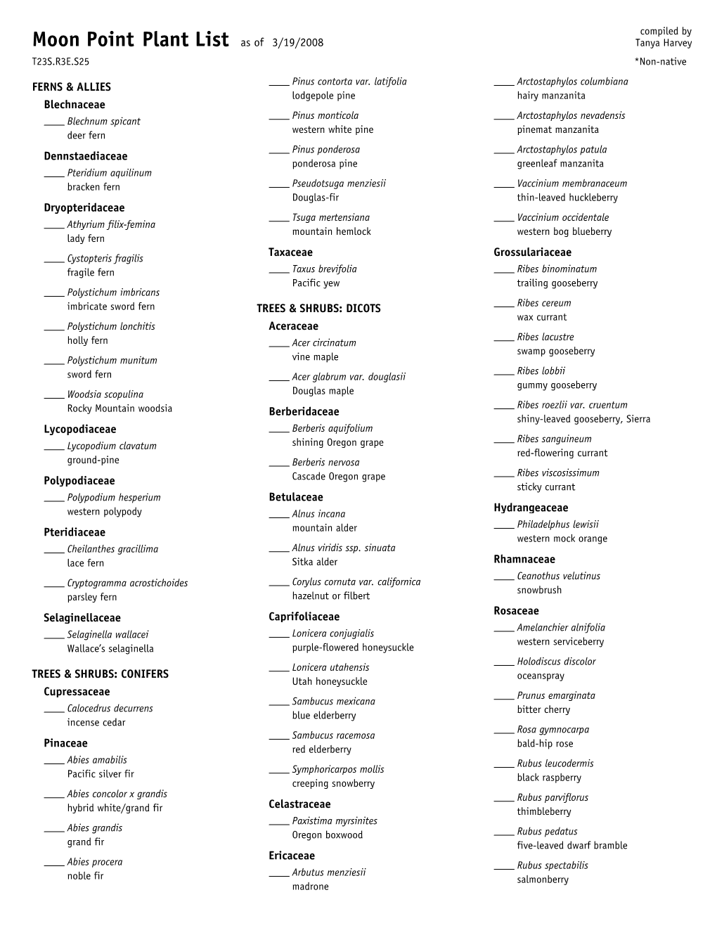 Plant List As of 3/19/2008 Tanya Harvey T23S.R3E.S25 *Non-Native