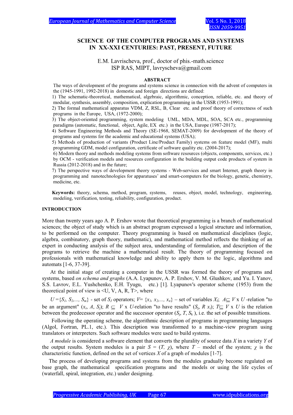 Scienсе of the Computer Programs and Systems in Xx-Xxi Сenturies: Past, Present, Future