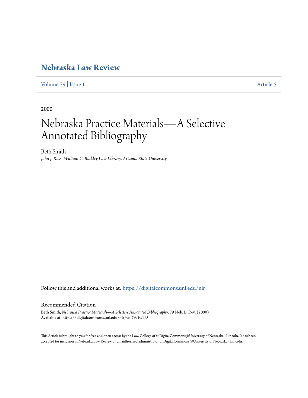 Nebraska Practice Materials—A Selective Annotated Bibliography Beth Smith John J