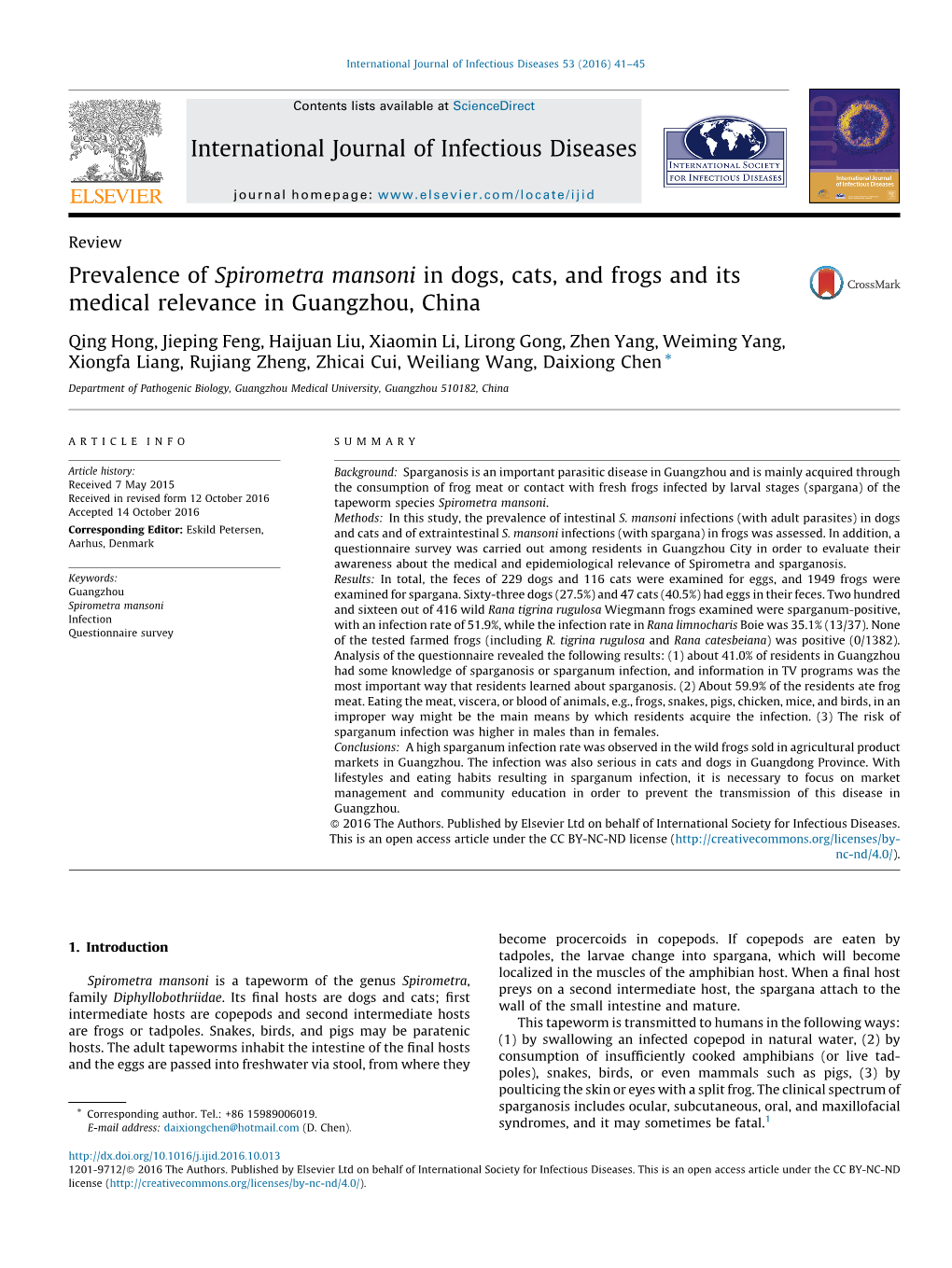 Prevalence of Spirometra Mansoni in Dogs, Cats, and Frogs and Its