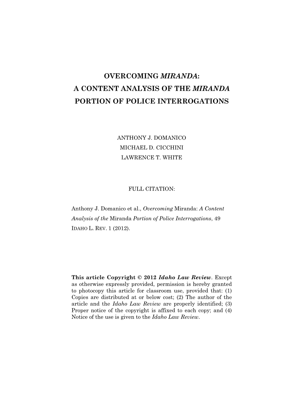 A Content Analysis of the Miranda Portion of Police Interrogations