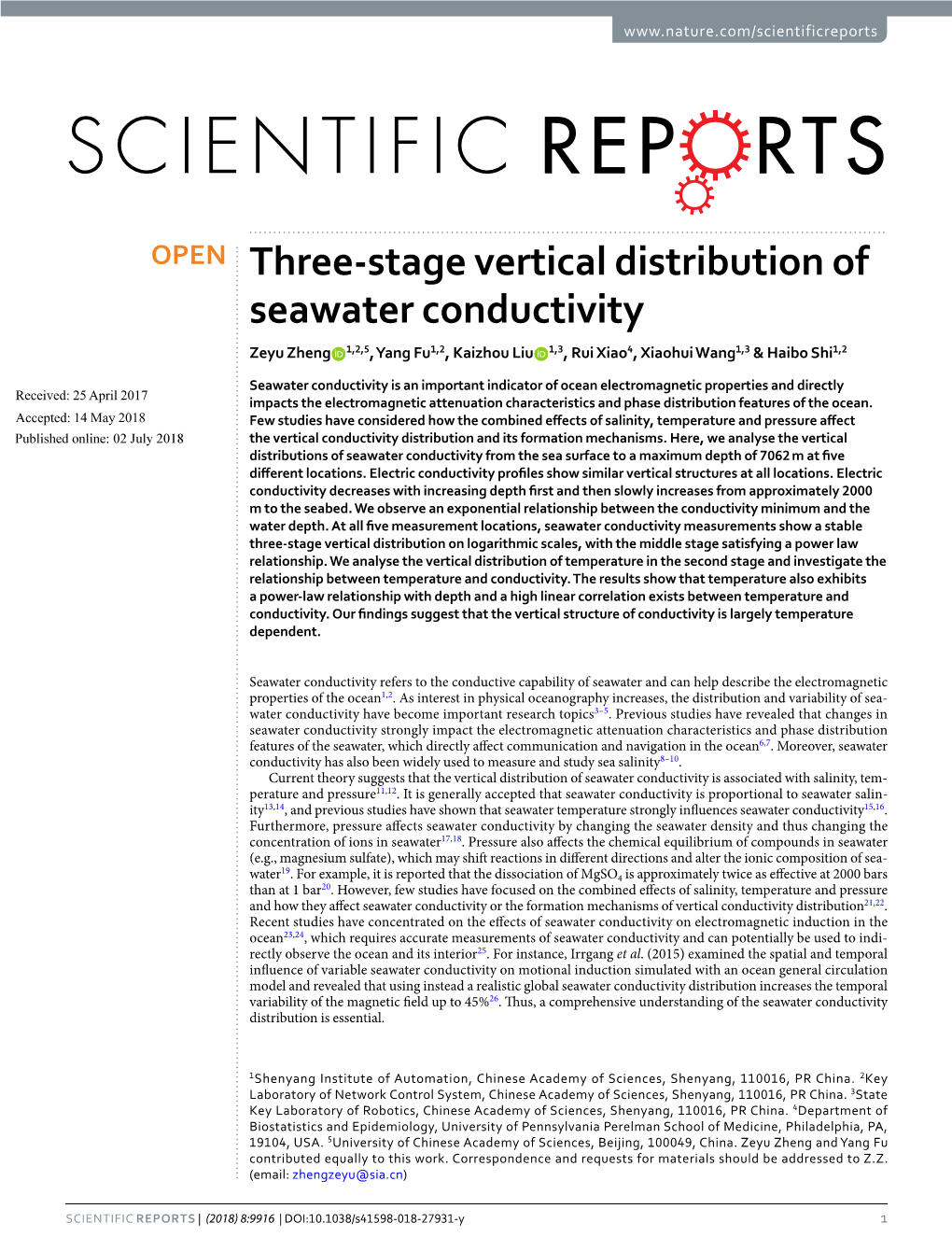 Three-Stage Vertical Distribution of Seawater Conductivity Zeyu Zheng 1,2,5, Yang Fu1,2, Kaizhou Liu 1,3, Rui Xiao4, Xiaohui Wang1,3 & Haibo Shi1,2