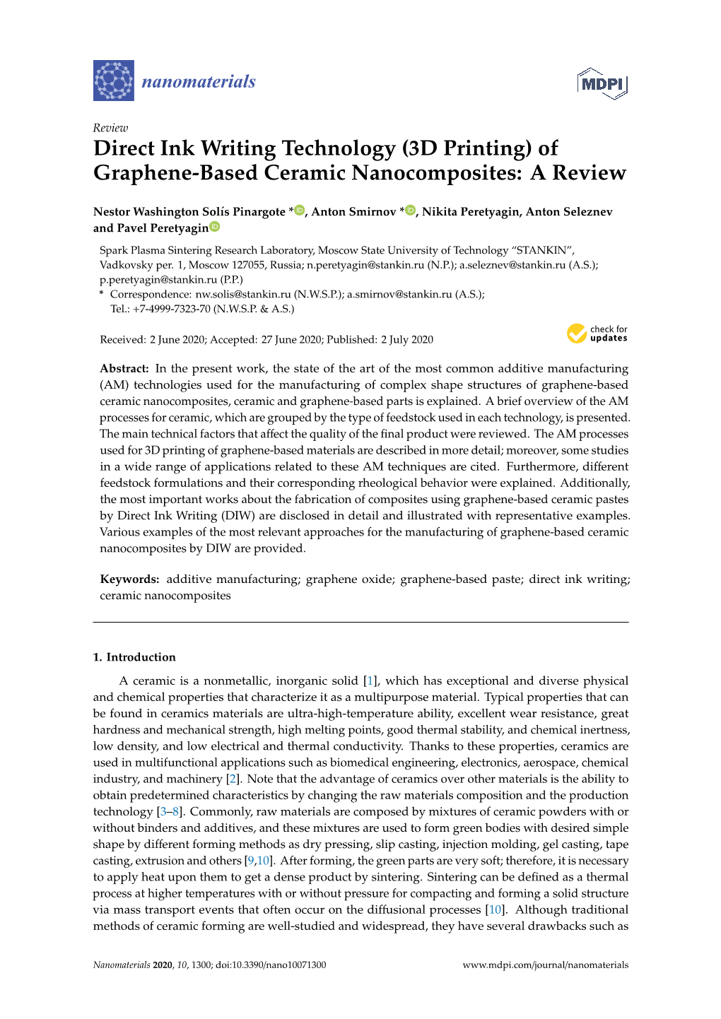 Direct Ink Writing Technology (3D Printing) of Graphene-Based Ceramic Nanocomposites: a Review