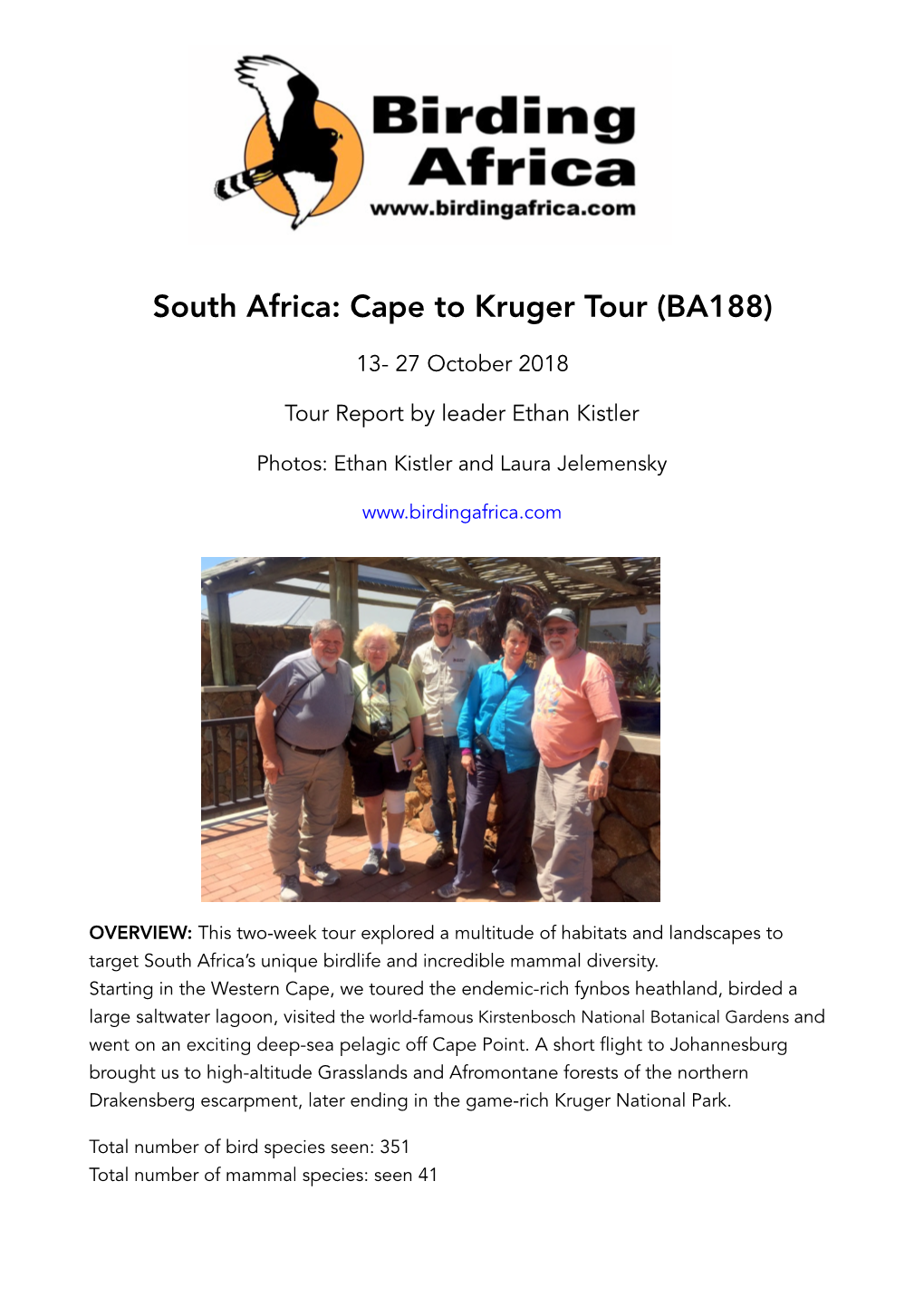 BA188 Cape to Kruger Oct 2018 Trip Report MH.Pages
