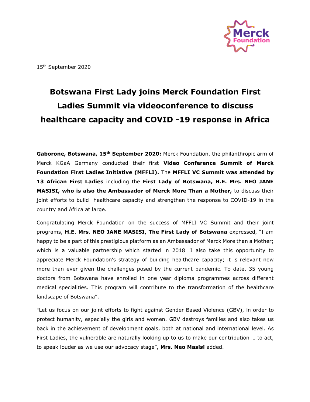 Botswana First Lady Joins Merck Foundation First Ladies Summit Via Videoconference to Discuss Healthcare Capacity and COVID -19 Response in Africa