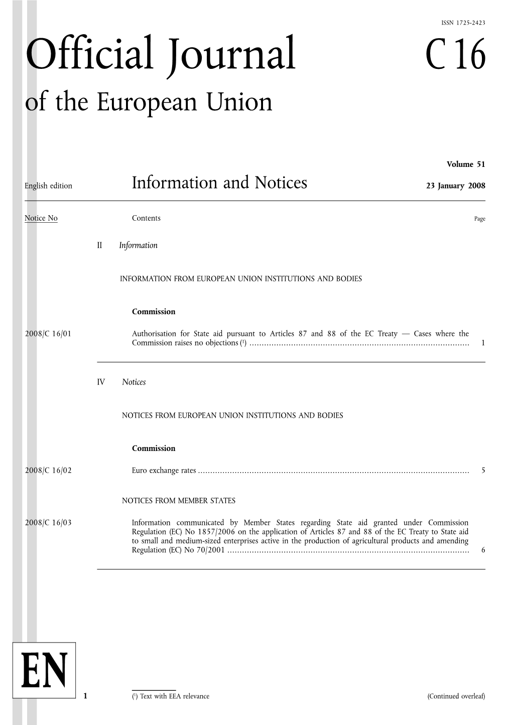 Official Journal C 16 of the European Union