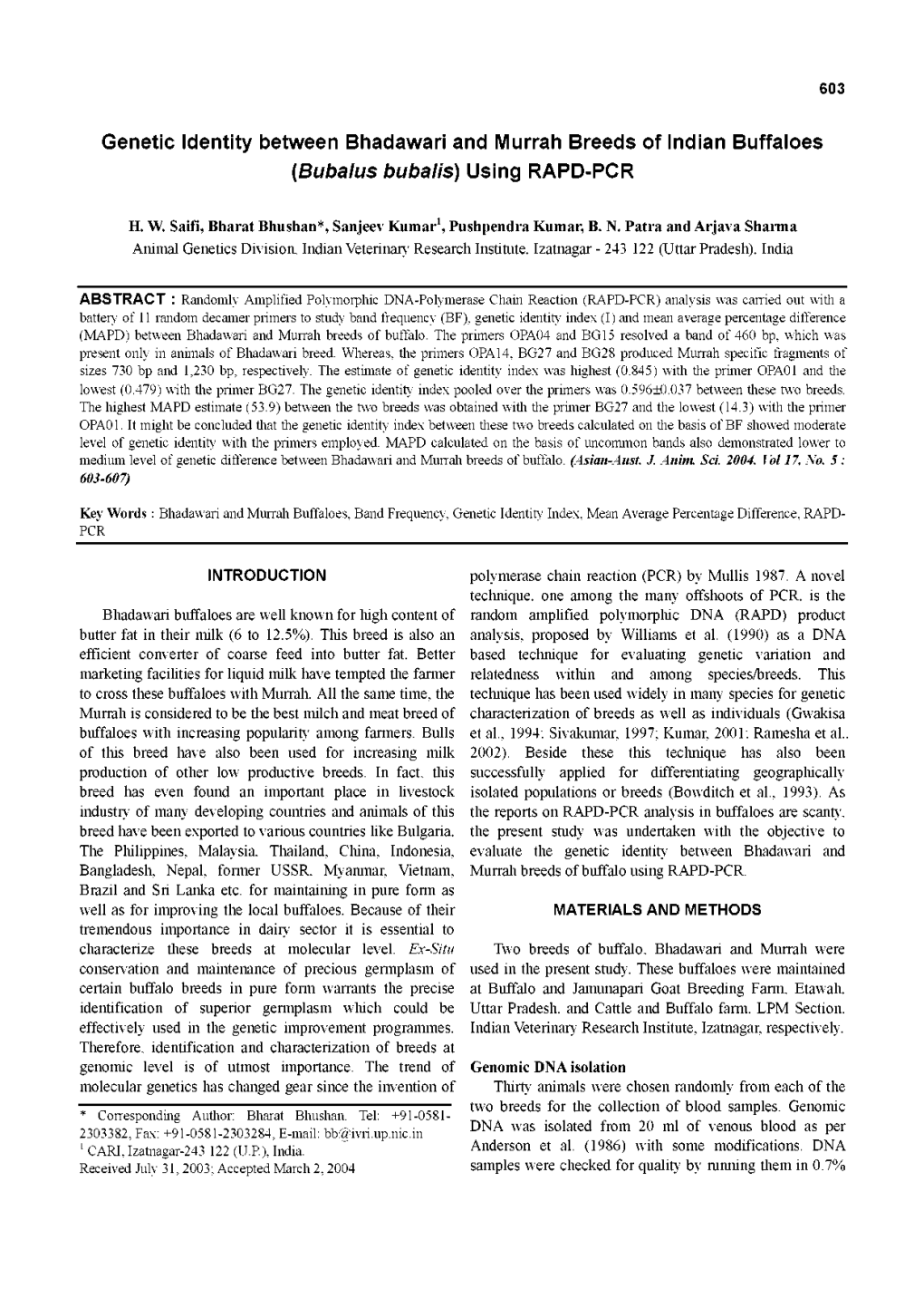 Genetic Identity Between Bhadawari and Murrah Breeds of Indian Buffaloes (Bubalus Bubalis) Using RAPD-PCR