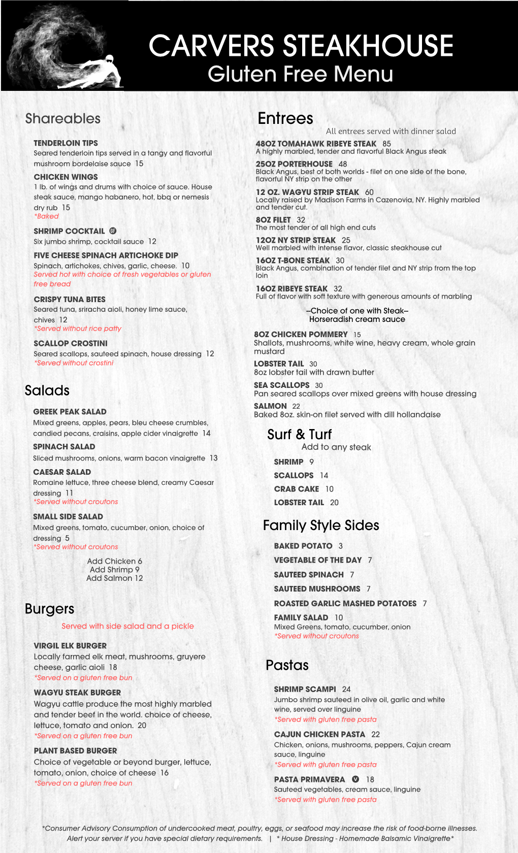 Add Header STEAKHOUSE Gluten Free Menu