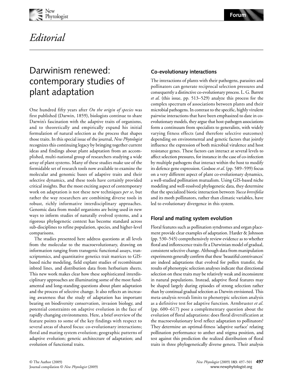 Darwinism Renewed: Contemporary Studies of Plant Adaptation