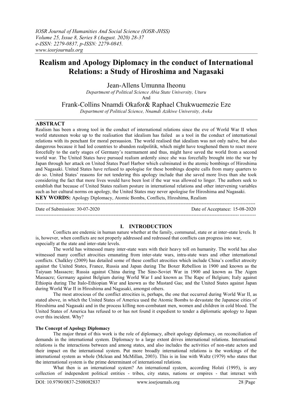 Realism and Apology Diplomacy in the Conduct of International Relations: a Study of Hiroshima and Nagasaki