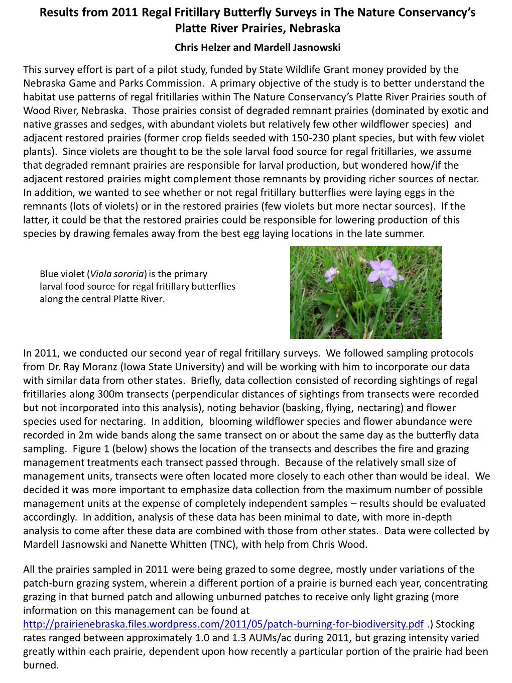 Results from 2011 Regal Fritillary Butterfly Surveys in the Nature Conservancy's Platte River Prairies, Nebraska