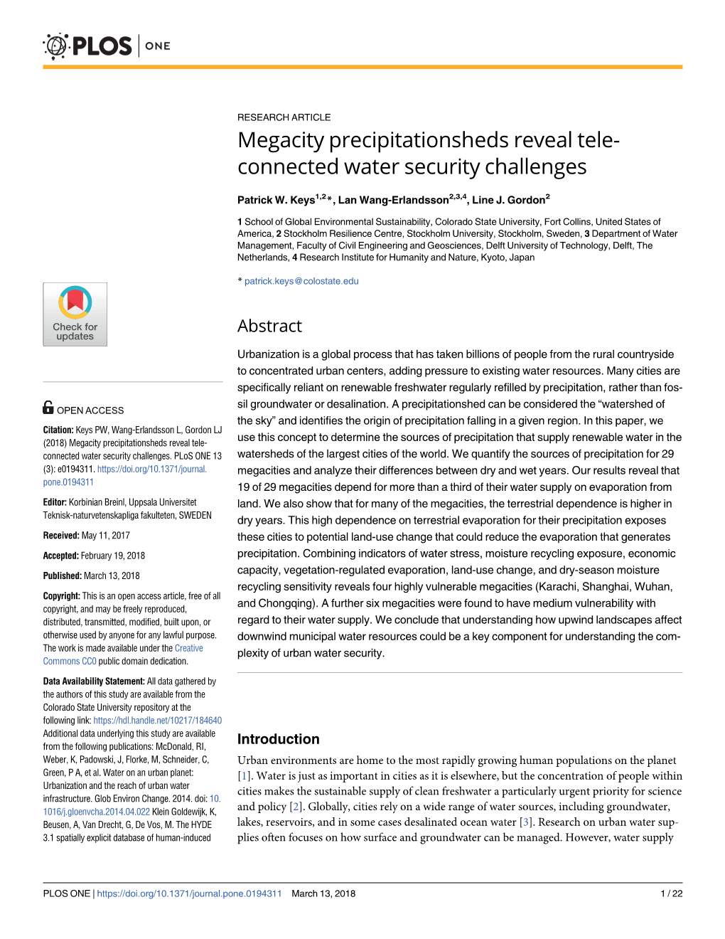 Megacity Precipitationsheds Reveal Tele-Connected Water Security