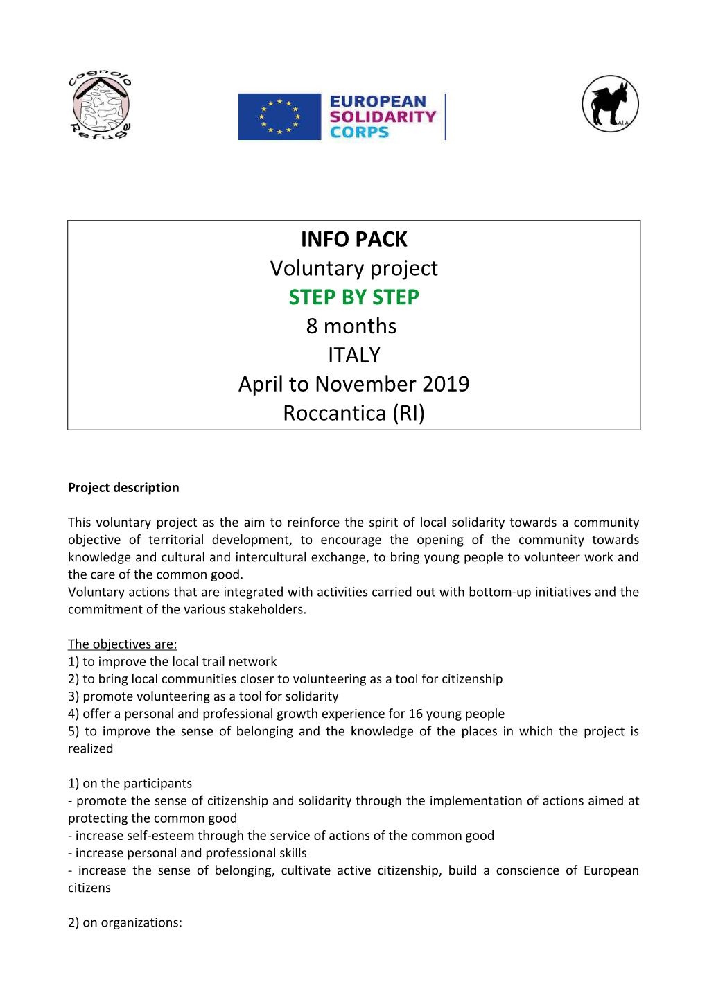 INFO PACK Voluntary Project STEP by STEP 8 Months ITALY April to November 2019 Roccantica (RI)