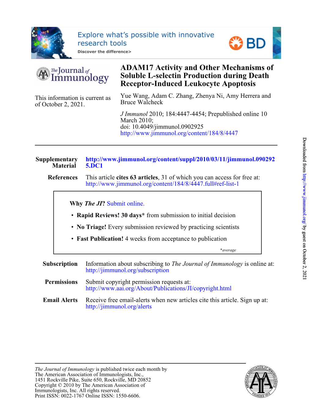 Receptor-Induced Leukocyte Apoptosis Soluble L-Selectin Production During Death ADAM17 Activity and Other Mechanisms Of