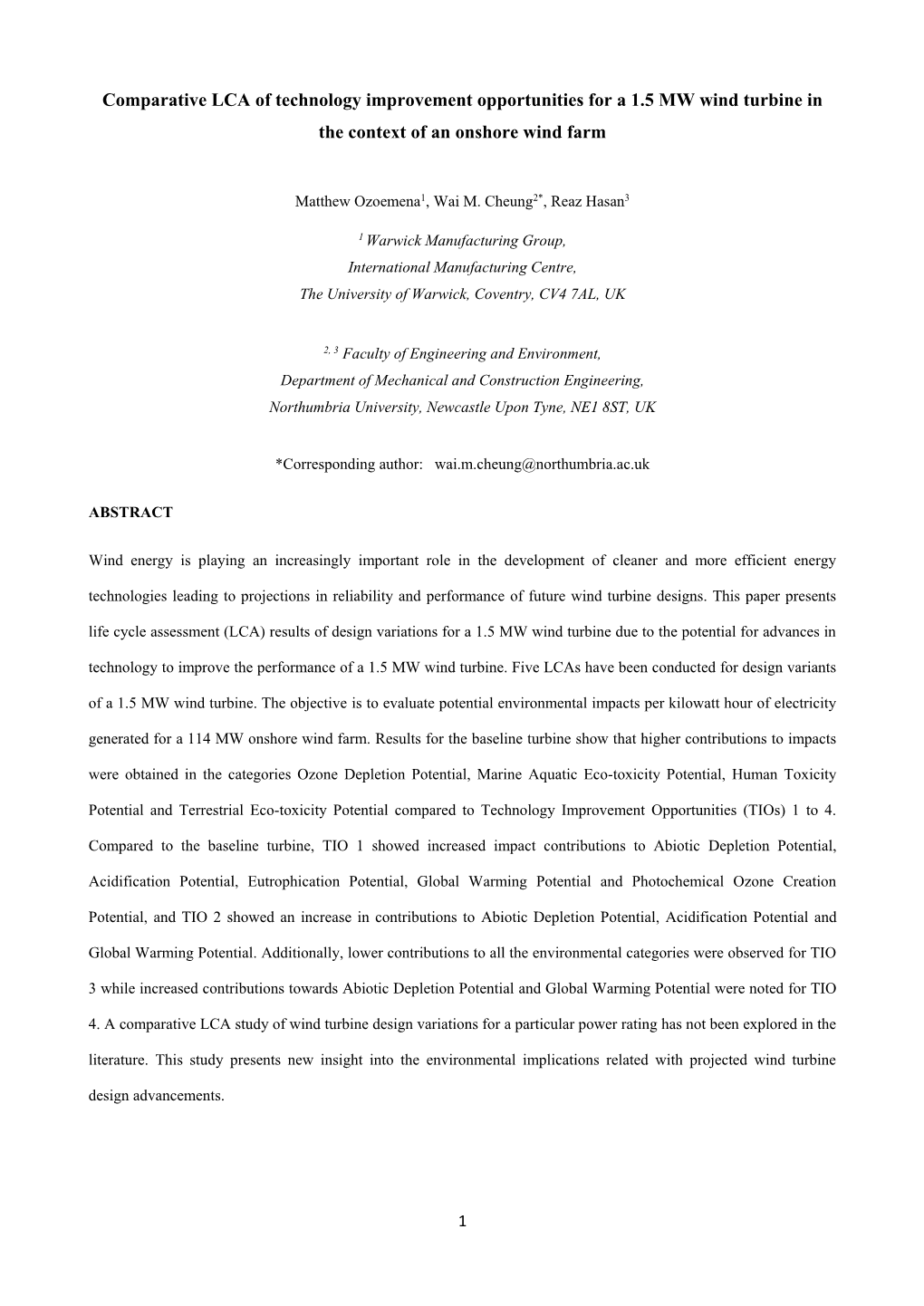 Comparative LCA of Technology Improvement Opportunities for a 1.5 MW Wind Turbine in the Context of an Onshore Wind Farm