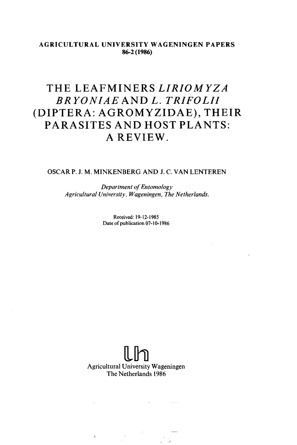 Diptera: Agromyzidae), Their Parasites and Host Plants: a Review