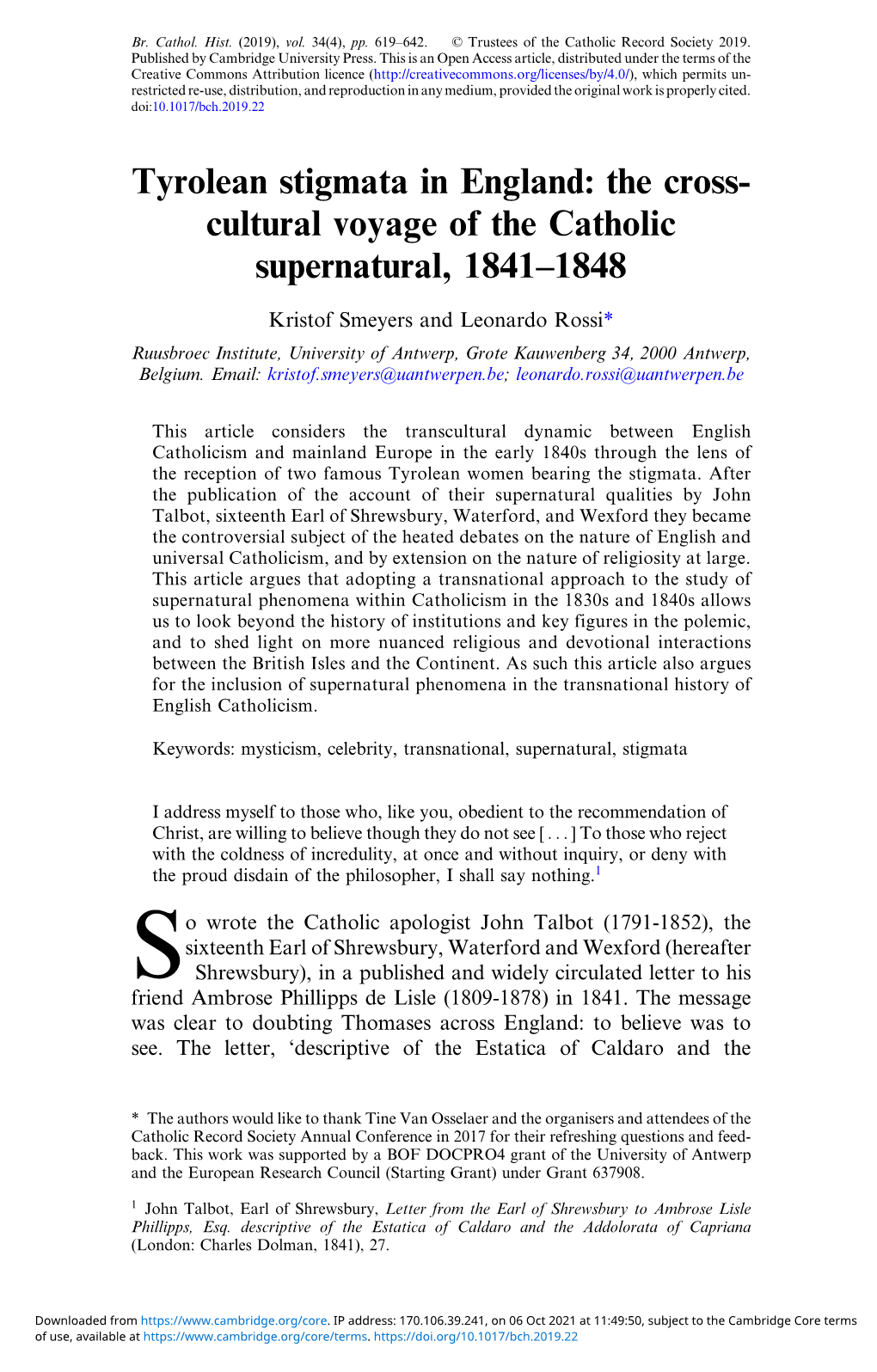 Tyrolean Stigmata in England: the Cross-Cultural Voyage of the Catholic Supernatural, 1841-1848
