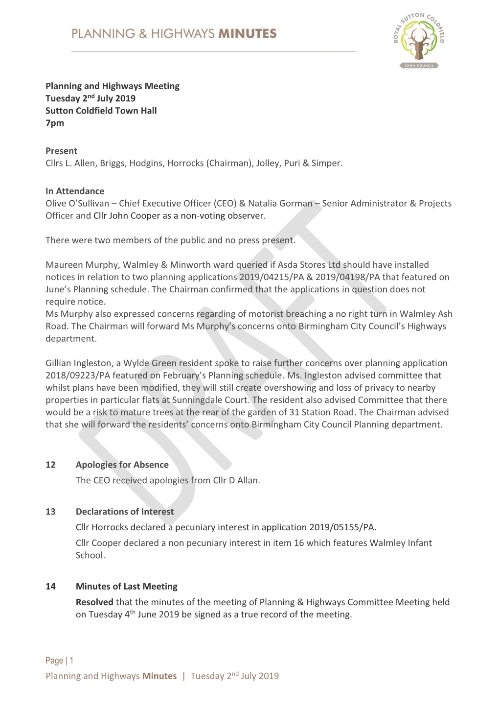 Planning and Highways Meeting Tuesday 2Nd July 2019 Sutton Coldfield Town Hall 7Pm