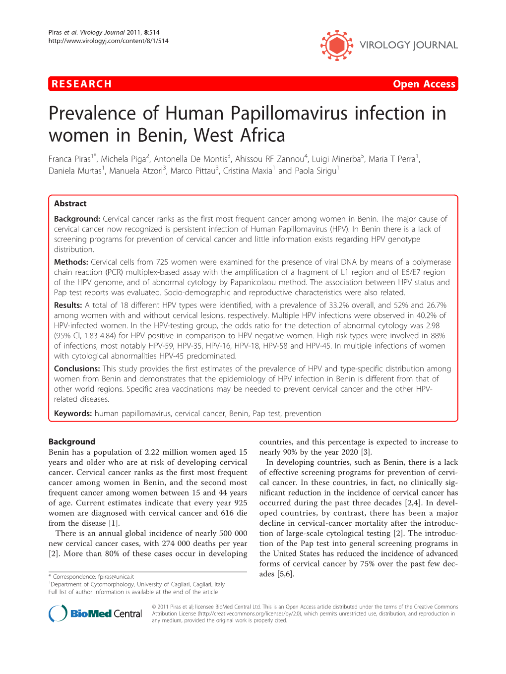 Prevalence of Human Papillomavirus Infection in Women in Benin, West