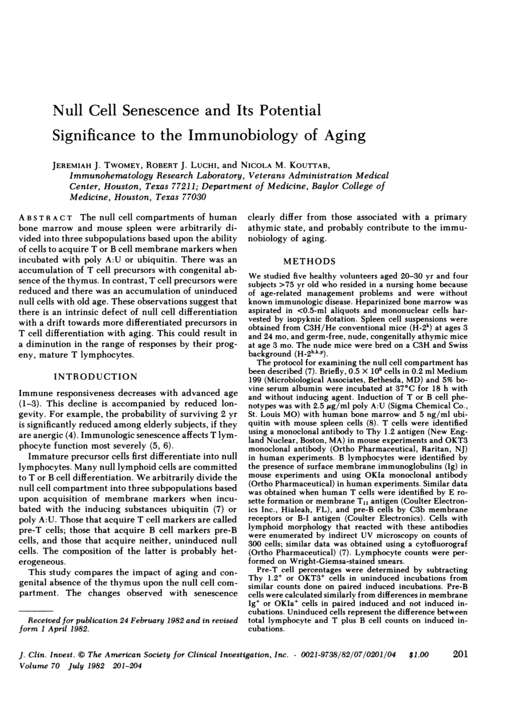 Null Cell Senescence and Its Potential Significance to the Immunobiology of Aging