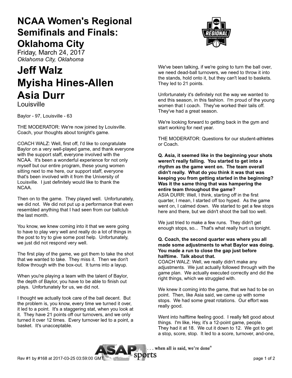 Jeff Walz Myisha Hines-Allen Asia Durr
