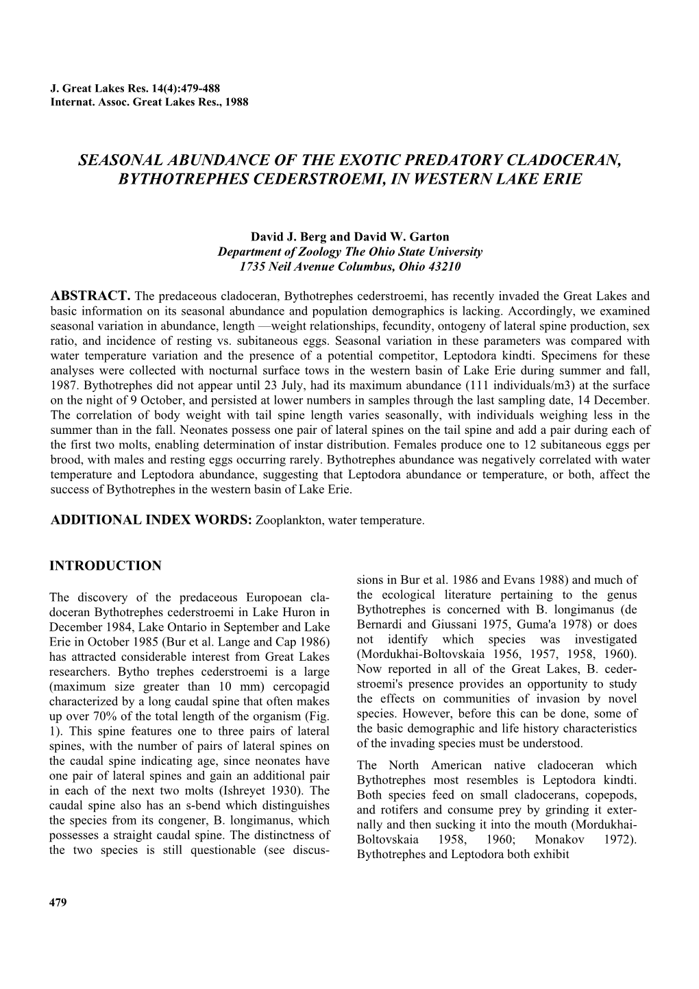 Seasonal Abundance of the Exotic Predatory Cladoceran, Bythotrephes Cederstroemi, in Western Lake Erie