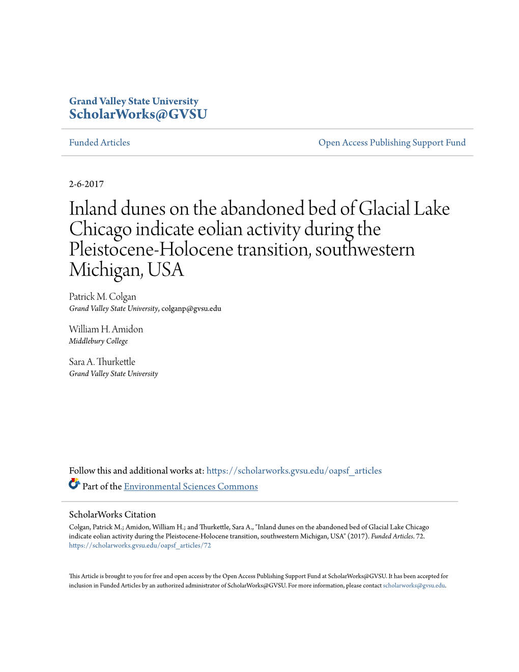 Inland Dunes on the Abandoned Bed of Glacial Lake Chicago Indicate Eolian Activity During the Pleistocene-Holocene Transition, Southwestern Michigan, USA Patrick M