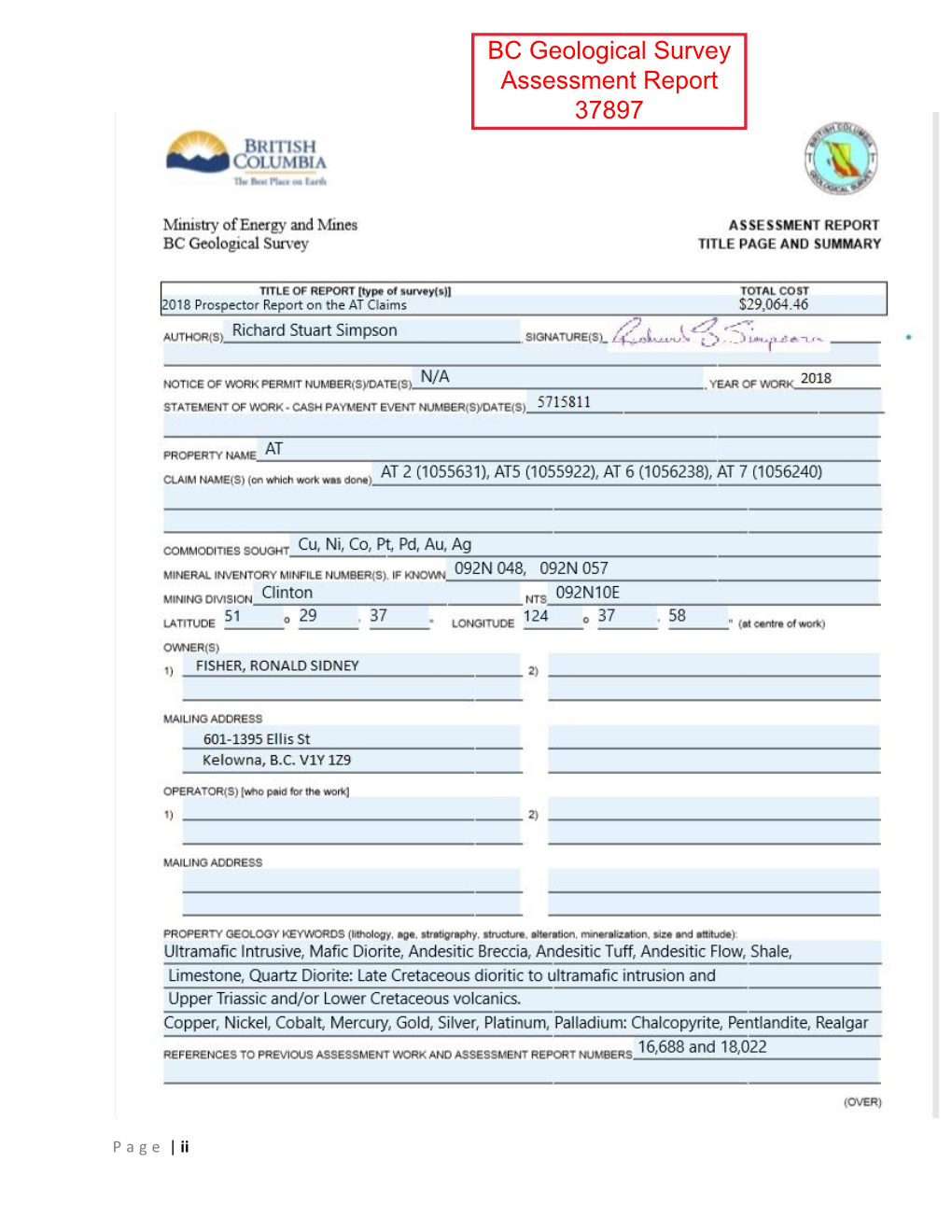 BC Geological Survey Assessment Report 37897